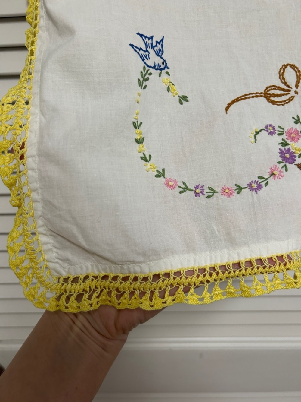 Handmade Embroidered Floral Table Runner with Yellow Crochet Edge - Picture 3 of 3